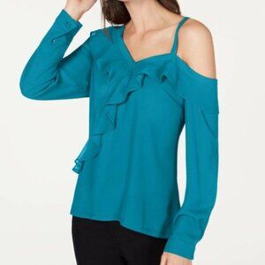 INC International Concepts Bright Turquoise One-Shoulder Ruffle Blouse